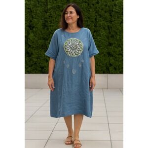 Moliq‎ Linen Dress XL/XXL Blue Embroidered Mandala Leaf Short Sleeve Midi Boho